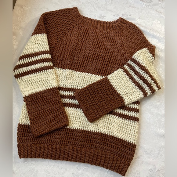 unbranded hand knit Sweaters - Unbranded Hand Made Braided Brown White Braided Knit Sweater Women Size Large